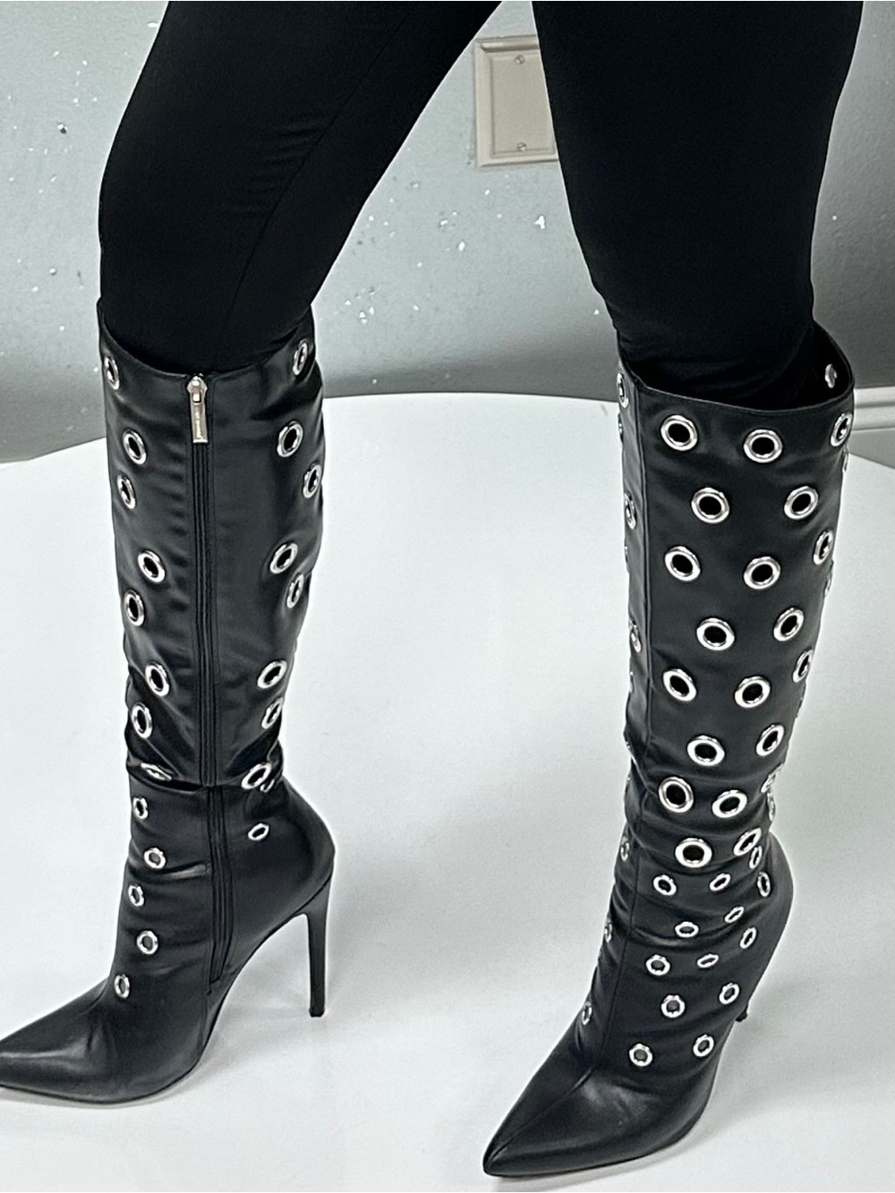Cape Robbin Black Knee-High Grommet Stiletto Boots - Picture 2 of 2